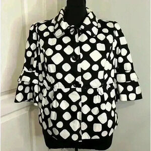 Kim Rogers Black White Polka‎ Dot Structured Waist Length 3/4 Sleeve Jacket Sz M